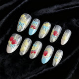 24pcs Sweet Flower False Nails Art Aurora Cat's Eye Mid-length Almond Press on Nails Tips Bow Design Pink Fake Nail Set Manicure
