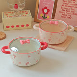 3Pcs Bow Ceramic Instant Noodle Bowl with Lid, High-Looking Double-Ear Instant Noodle Bowl with Lid and Large Capacity, Pink Girly Heart Ceramic Bowl for Home Daily Use, Party, Office Instant Noodle Bowl, Outdoor Camping Styl