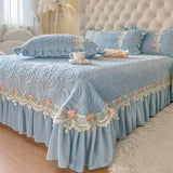 Luxury Velvet Fleece Flowers Lace Ruffles Quilted Bedspread, Mattress Cover, Bed Skirt, Bed Sheet Set, With Pillowcases, 3Pcs