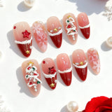 24pcs Rhinestone Fake Nail Christmas Blush Almond Nails Sets Press on French Red Nails Tips Star Design Pink False Nail Finished