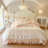 4/6Pcs Princess Wedding Bedding Set 600TC Egyptian Cotton Double Layer Lace Ruffles Duvet Cover Bed Skirt Bedspread Pillowcases
