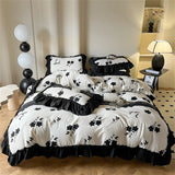Washed Cotton Bedding Sets With Lace Black Printed Four Piece Set Bedroom Decor Duvet Cover Pillowcase Bedspread Bed Cover Sets