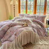 100% Cotton Double-layer yarn Bedding Set Vintage Chic Flowers Wide Chiffon Ruffle Edge Duvet cover Bed Sheet Pillowcases 4Pcs
