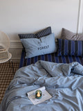 Ikeehome  Thiened Cotton Flannel Plaid Four-Piece Bedding Set Warm Stripe Pattern Student Bed eet Cover Duvet Cover Bedding