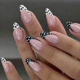 24pcs Simple French White Fake Nails Spicy Girl Polka Dot Design Long Almond False Nail Tips Wearable Head Round Press on Nails