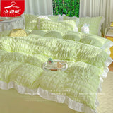 Luxury Seersucker Washed Cotton Bedding Set INS Girls Princess Bedding Set with Lace Solid color Bedclothes Sheets Pillowcase