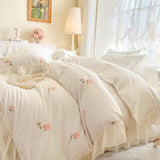 Rose Embroidery Lace Ruffles Princess Wedding Bedding Set 100% Cotton Duvet Cover Lace Edge Bed Sheet Bed Skirt Pillowcases 4Pcs