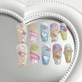 10pcs handmade dark sweet y2k fake nails with glue pink star press on nails long shiny hot girl designs false nails with tools