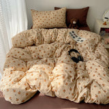 Korean Style Cute Bedding Set For Girls Bed Linen New Skin Friendly Fresh Flora Printed Washed Cotton Duvet Cover Set