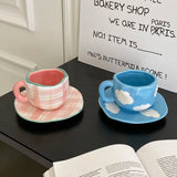 1Pc280Ml Original Design Scandinavian Style Hand-Kneaded Ceramic Coffee Cup and Saucer Multi-Color Plaid Heart Blue Sky and White Clouds Flower Mug Suitable for Afternoon Tea Milk Cup and Saucer Latte Cup Dessert Plate Cup an