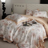 Floral Plant Print Color Blocking Bedding Set Lyocell Bamboo Fiber Soft Silky Duvet Cover Flat/Fitted Bed Sheet Pillowcases 4Pcs