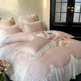 4Pcs Pink Chiffon Lace Princess Wedding Bedding Set Luxury 100% Cotton Duvet Cover Bed Sheet Or Quilted Bedspread Pillowcases