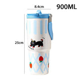 900ML Cute Insulated Tumbler Coffee Cup For Girls 316 Stainless Steel Thermo Bottle Travel Mug Vacuum Flask With Handle Straw