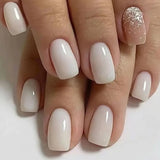 24Pcs Simple False Nails with Glue Short Almond Fake Nails Glitter Aurora Round Head Full Cover Nail Tips Oval Press on Nails