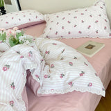 Floral Bedding Set Lace Trim Simple Fresh Elegant Flat Fitted Sheet With Pillowcases Soft Washed Cotton For Women Girl Gift