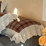 Vintage Plaid Flowers Lace Ruffles Bedding Set 100% Cotton Double Layer Yarn Duvet Cover Flat/Fitted Bed Sheet Pillowcases 4Pcs
