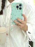 Korean INS Mint Green Little Stars Leather Texture Wrist String Phone Case for iPhone 16 15 14 13 Pro Max Back Phone Cover Capa
