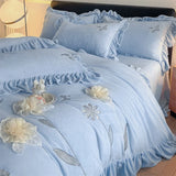 Flowers Embroidery Ruffles Thickened Soft Warm Velvet Bedding Set Queen King Size Plush Duvet Cover Set Bed Sheet Pillowcases