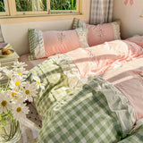 Korean Princess Style Double Layer Lace Flower Embroidery 100% Cotton Bedding Set Plaid Style Duvet Covers Bed Sheet Pillowcases