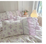 Pink Floral Double Layer Lace Ruffles 100% Cotton Bedding Set Duvet Cover Set Bed Sheet/Bed Skirt/Fitted Sheet Pillowcases 4Pcs