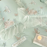 Rose Flowers Embroidery Lace Ruffles Bedding Set Lyocell Cotton Soft Silky Cooling Duvet Cover Flat/Fitted Bed Sheet Pillowcases