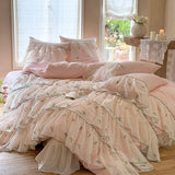 Three-layer Floral Embroidered Lace Ruffles 1000TC Egyptian Cotton Bedding Set Duvet Cover Flat/Fitted Bed Sheet Pillowcase 4Pcs