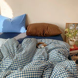 Retro Blue Cotton Quilt Cover Set Waed Plaid Bedding Four-Piece Set Pure Cotton eet Duvet Cover Bedding Accories