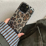 Korean INS Grey Leopard Prints Double Layers IMD Fashionable Phone Case for iPhone 16 15 14 13 Pro Max Back Phone Cover Capa