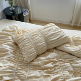 Girls Pleat Cotton Bedding Set Solid Bed Linen King Queen Double Size Duvet Cover Sets