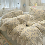 Floral print Korean style Princess Lace Bedding Set Duvet Cover Set Washed Cotton Flat Sheet set Queen For Girl Decor Home