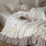 Vintage French Double Layer Ruffles Bedding Set 100% Cotton Double Yarn Soft Duvet Cover Flat/Fitted Bed Sheet Pillowcases 4Pcs