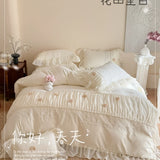 Korean Princess Style Lace Ruffles Wedding Bedding Set Soft Rose Flowers Four-Piece Set Duvet Cover Bed Sheet Pillowcase 4Pcs