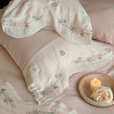 Vintage French Flowers Embroidery Bedding Set Double Layer Crepe Yarn Pure Cotton Duvet Cover Flat/Fitted Bed Sheet Pillowcases