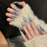 10pcs French Blue Frosted Cat's Eye Fake Nails Press On Nails Aurora Sequins Diamond Decoration Handmade False Nails Long Ballet