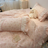 100% Cotton Duvet Cover Set Pink Floral Lace Ruffle Bow Bedding Set Romantic Princess Style Bed Sheet Pillowcase Home Textiles