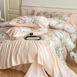 4pcs Light Luxury Style Class A Ice Silk Nude Sleep Silk Embroidery Bedding Duvet Cover Sheet Sheet Sheet Premium  Summer
