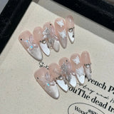 10Pcs Handmade Press on Nails Full Cover Butterflies Rhinestones Design Pink  Almond False Nails Wearable Manicure Nail Tips Art