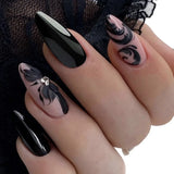 Mid-length Almond Press on Nails Black Irregular Flower Fake Nails with Simple Diamond Wearable Manicure Full Cover False Nails