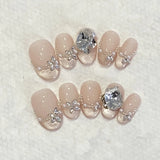 10Pcs Cute Cat Eye Almond Fake Nail Blue Shiny with Small Rhinestone Nail Art Nude Color Short Oval Finished Artificial Manicure