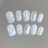 10Pcs Handmade Press On Nails Full Cover Cat Eye Bow Tie Heart Pearl Shiny Short Ballet False Nails Wearable Manicure Nail Tips
