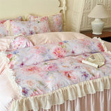 3/4Pcs French Princess Style Pink Luxury Duvet Cover Set Double Bedding Bedroom With Elastic Band Bed Linen Ruffle Pillowcase