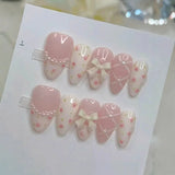 10Pcs Ballet Sweetheart False Nails Bowknot Pearl French Press on Nails Pink Almond Artificial Nail Art Handmade Lace Fake Nails