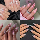 96pcs False Nails Full Cover Bow Tie Design French Sweet Almond Wearable Artificial Manicure Acrylic Nails Tips Art Combination