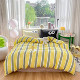 4pcs Simple Color Stripes Duvet Cover Set Cute Green Pink Bedding Big Eye Pattern Pillowcases Comforter Cover with 1 Bed Sheet