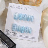 10 Pcs New Blue Dreamy Grid Press on Nails Cute Bowknot and Love Shape Cat's Eye Nail Patch Women Girls Detachable Fake Nails