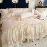 4Pcs Princess Wedding Bedding Set Korean Style Lace Flowers Embroidery Duvet Cover Bed Sheet/Fitted Sheet/Bed Skirt Pillowcases