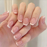 24pcs Short French False Nails Glossy Nude Color Simple Square Coffin Press on Nails with Glue Full Cover Wearable Manicure Nail