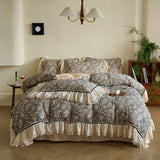 Vintage French Lace Ruffles Bedding Set Pure Cotton Wrinkled Yarn Soft Duvet Cover Set Flat/Fitted Bed Sheet Pillowcases 4Pcs