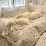 Floral print Korean style Princess Lace Bedding Set Duvet Cover Set Washed Cotton Flat Sheet set Queen For Girl Decor Home