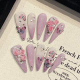Handmade Press On Nails Full Glitter False Nails 3D Butterfly Rose Flower Decor Charming Purple Gradient Fake Nails Long Almond